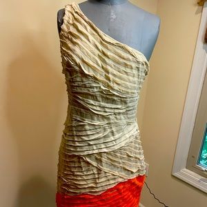 BEBE Cream & Rust one shoulder dress